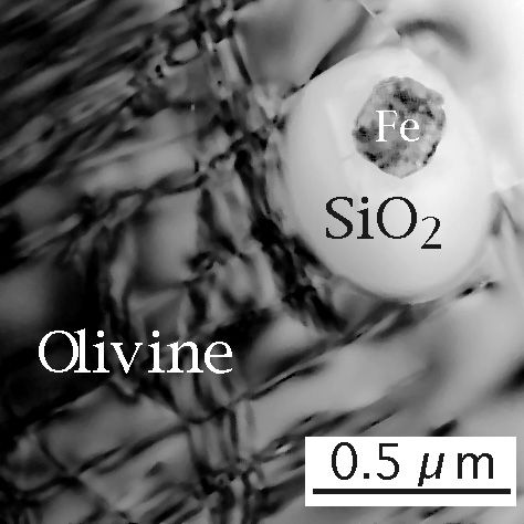 Précipités (en sombre) de métal Fe dans de l'olivine (Fe,Mg)SiO4, après traitement thermique à haute température dans une atmosphère réductrice